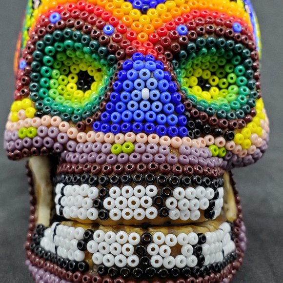 Huichol Beaded Skull on carved fish bone ~ Handcrafted by indigenous artist - Picture 7 of 11